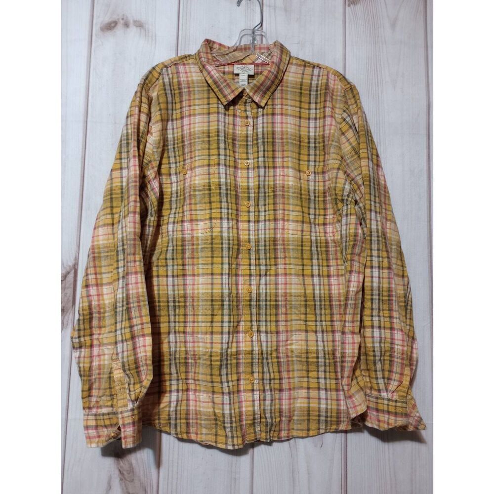 St Johns Bay Womens XXL Yellow Pink Plaid‎ Button Down 100% Cotton Shirt LS